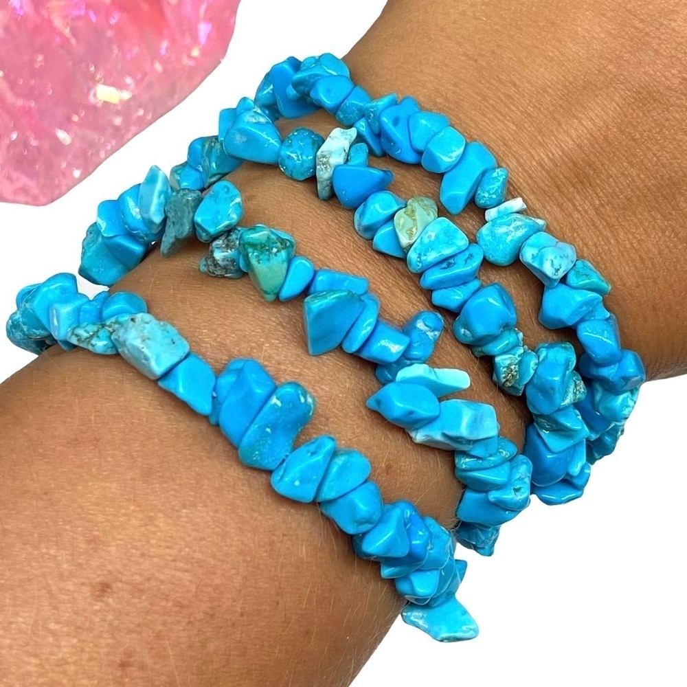 Howlite Turquoise Beaded Stretch Bracelet Gemstone Chips Bead Chip Stone Blue